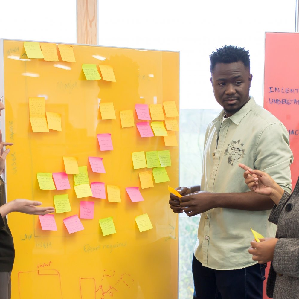 MSc Entrepreneurship students discussing their work